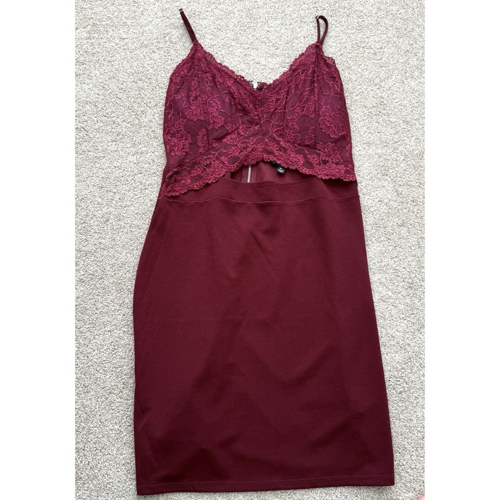 Honey Peach Women's XL Bodycon Mini Party Dress Maroon Lace Bodice Cut Out Belly - Picture 5 of 11